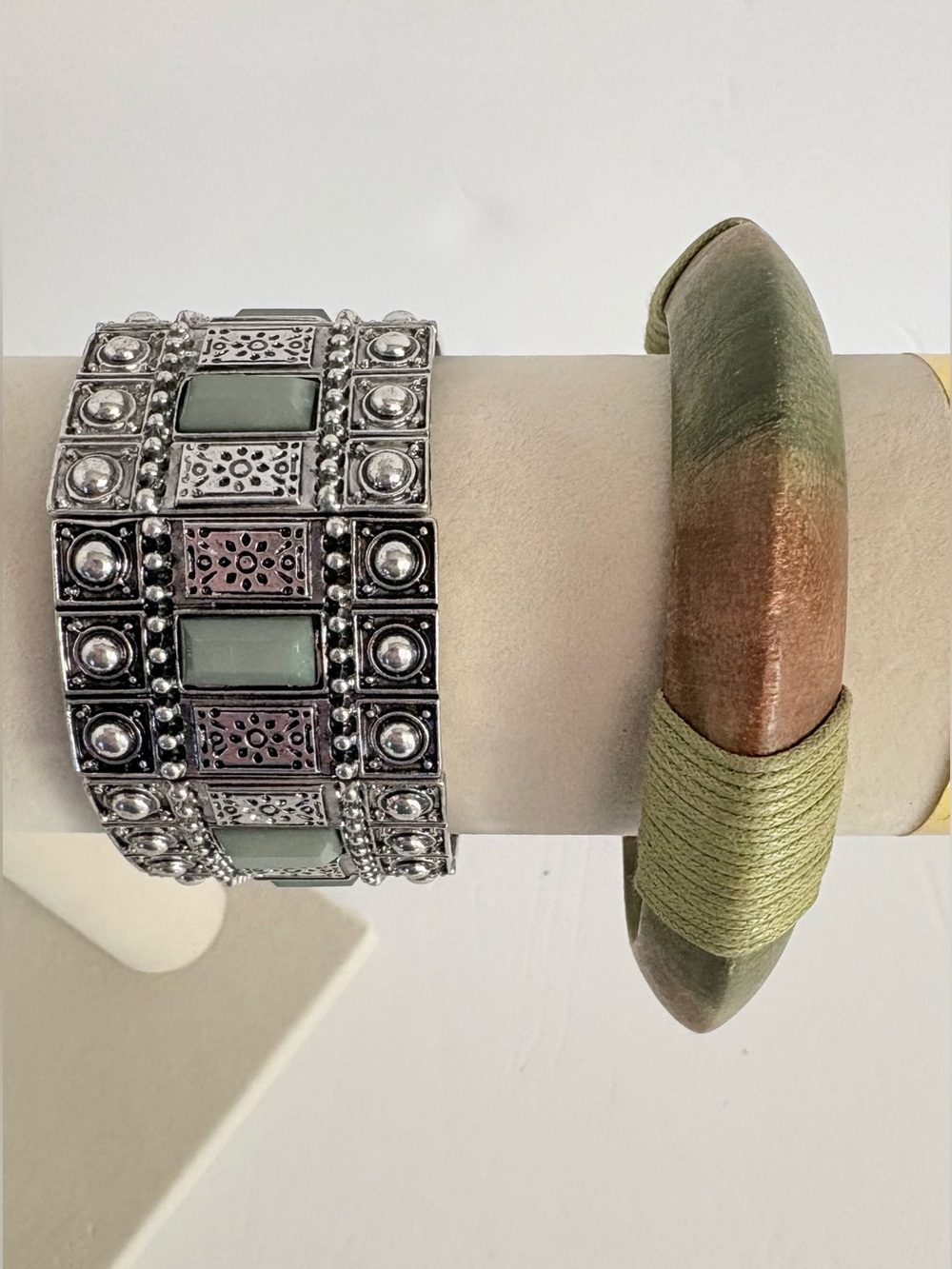 Boho Bracelet Set Silver Statement Cuff & Olive Wood Bangle Bracelet